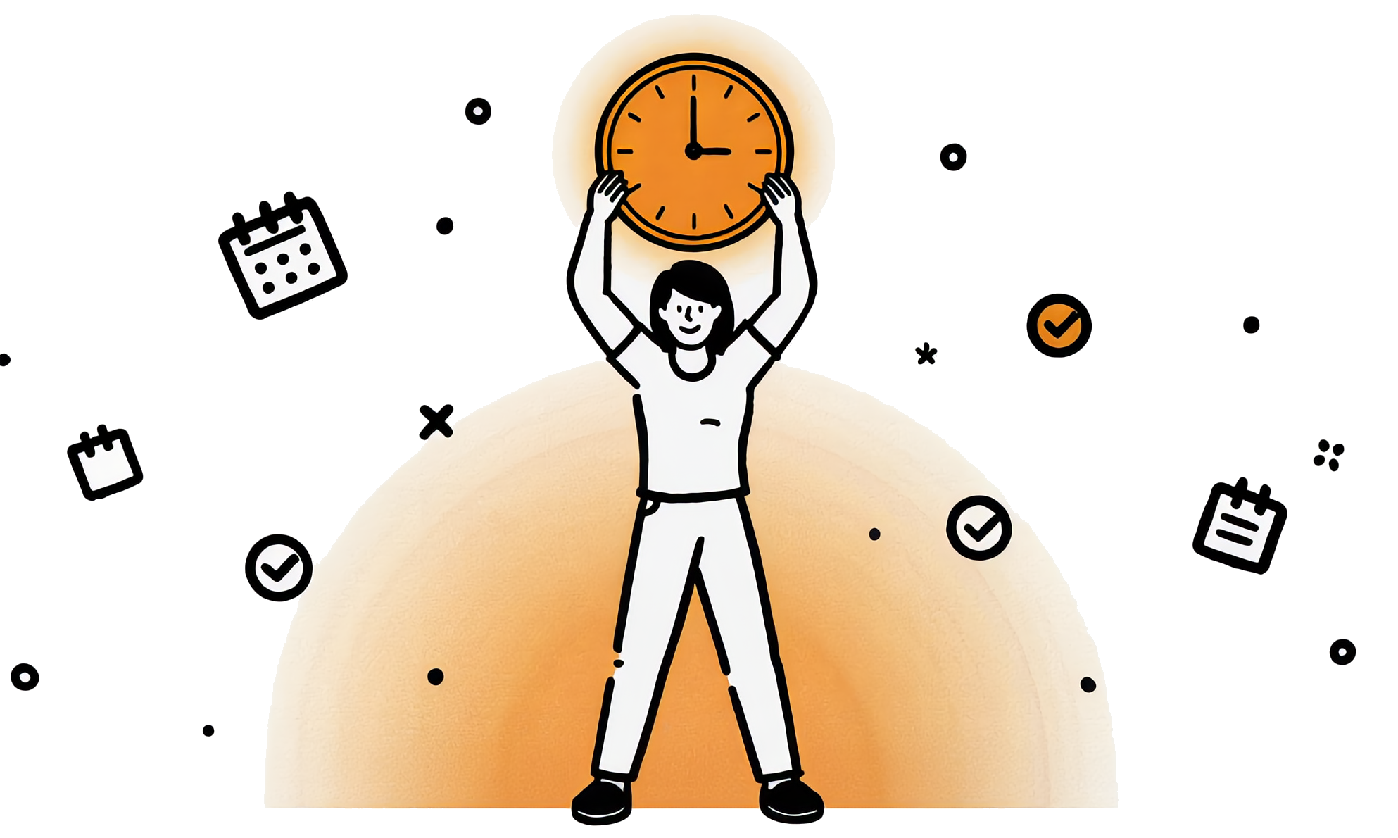 Person holding a glowing clock above an open calendar